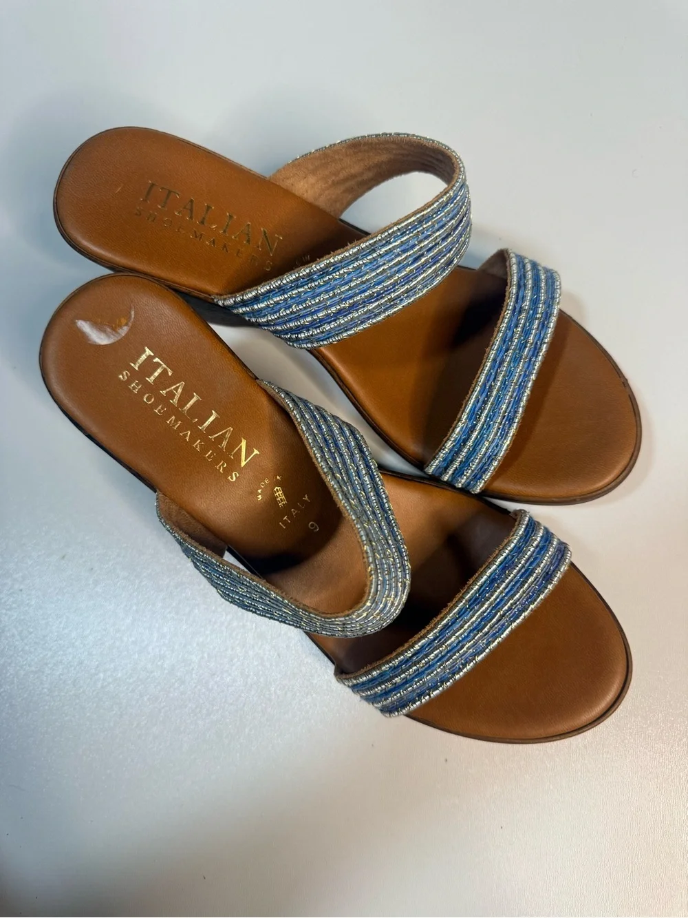 Italina Blue Striped Fabric Wedge Sandals